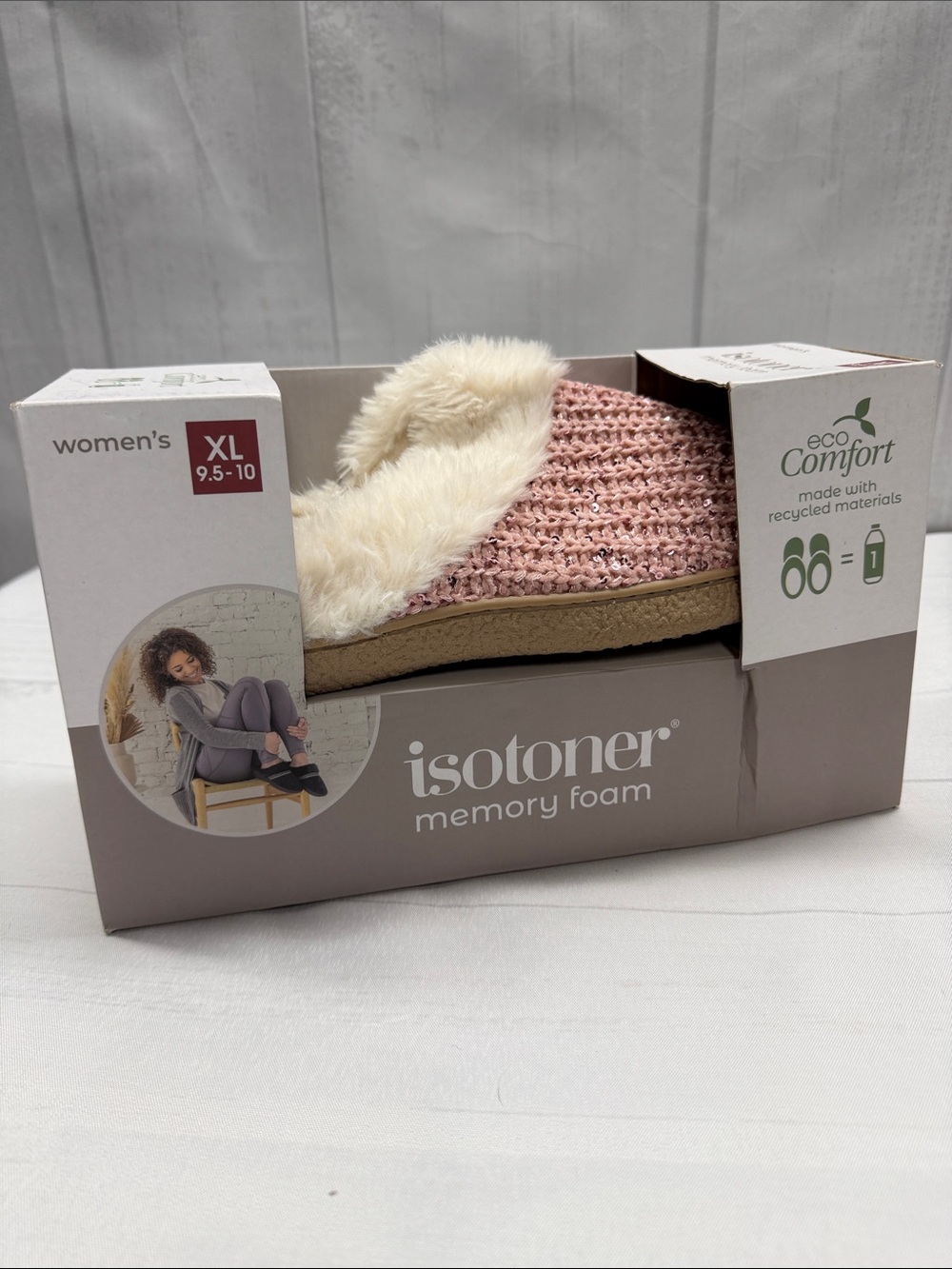 Isotoner NWT Memory Foam Sparkle Evening Sand Pink Foam Hoodback Slippers XL